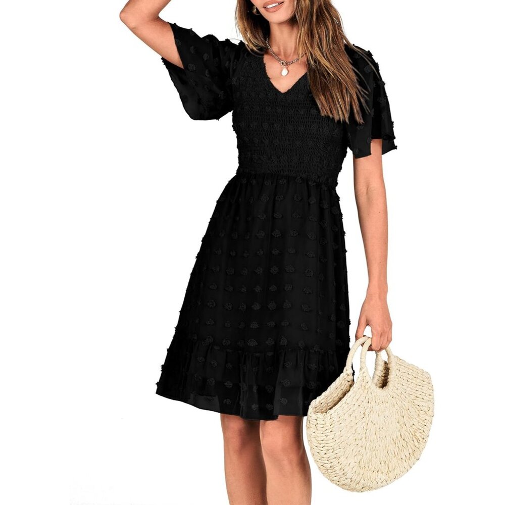 Women's Boho Summer Dress Polyester V Neck Flutter Short Sleeve Ruffled - Picture 7 of 8